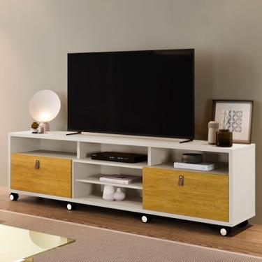 Imagem de Rack Genova para TV até 65 Polegadas, MDP/MDF, Off White e Natural, 2 Gavetas com Corrediças Telescópicas, 8 Rodízios, 190x57x39.5 cm