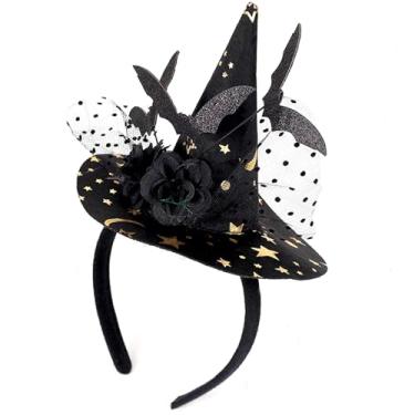 Imagem de OIUUBBII Tiara de chapéu de bruxa de Halloween – Faixa de cabelo de morcego gótico preto com flor preta e elástico elástico | Acessórios de cabelo de Halloween para mulheres, fantasia de bruxa