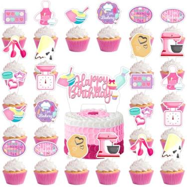 Imagem de Baking Cupcake Toppers - Pink Baking Birthday Party Decorations, Baking Macaron Theme Happy Birthday Dessert Table Cake Decors Bakery Party Favors Supplies