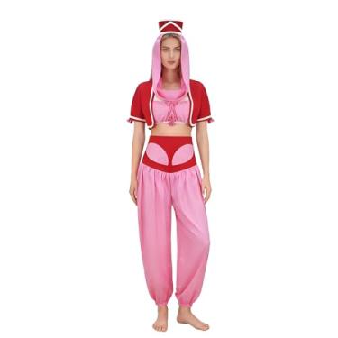 Imagem de Cosearlm Fantasia de gênio feminina Dream Genie rosa árabe conjunto completo de fantasia de Halloween (rosa, 2GG)