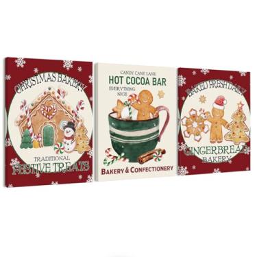 Imagem de STHTTSW Arte de parede de Natal para casa de gengibre, conjunto de 3 impressões de decoração de parede de homem de gengibre, decoração de cozinha e casa de férias para sala de estar, sala de jantar