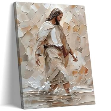 Imagem de SAMHOU Arte de parede em tela cristã emoldurada, Jesus andando na água, decoração de parede, decoração de arte de imagem de Jesus, impressão religiosa, pôsteres pintura para sala de estar, sala de