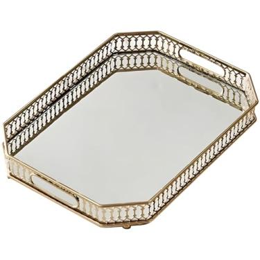 Imagem de Bandeja espelhada dourada, bandeja organizadora de joias e maquiagem com alças, bandejas decorativas de perfume de metal de vidro para cômoda 13,8 x 25 cm para sala de estar, entrada e quarto