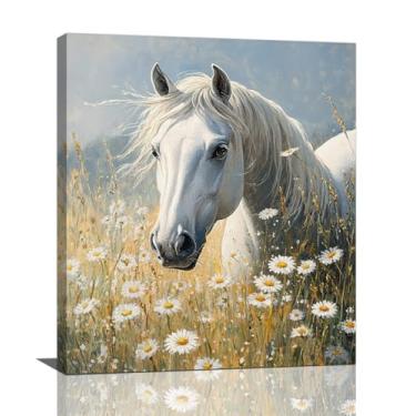Imagem de Spaexor Arte de parede em tela de cavalo, decoração de parede de cavalo branco entre flores, pintura de imagens de animais, arte para sala de estar, quarto, casa, escritório, parede 61 cm x 50 cm