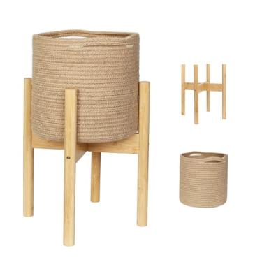 Imagem de WILLITAT Cesta de plantas com suporte, cesta de vime redonda interna com suporte de madeira de bambu, plantador de flores de corda decorativa com pernas, suporte de plantador de madeira de bambu Boho