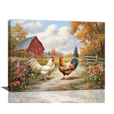 Imagem de Arte de parede de galinha de fazenda, decoração de parede em tela de galo de fazenda, pintura de impressão em tela rústica de fazenda, arte de decoração de casa emoldurada para cozinha, banheiro