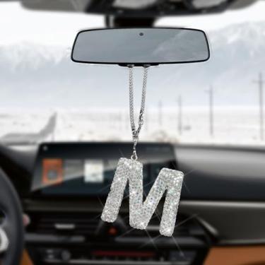 Imagem de HQRNYP Pingente de letra de carro brilhante, acessórios para pendurar espelho de carro, ornamento de espelho retrovisor, pingente de cristal fofo, enfeite feminino de strass de diamante da sorte para