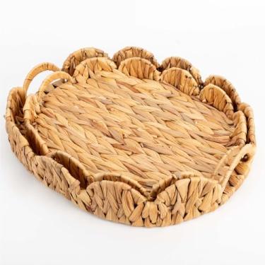 Imagem de Bandeja de servir de vime com alças, cesta decorativa de vime recortado para organizar | Bandeja elíptica de jacinto de água para mesa de café, sala de jantar, sala de estar e banheiro