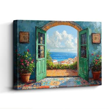 Imagem de WOXZQ Arte de parede com vista do terraço mediterrâneo, portas abertas para o mar, decoração de parede mediterrânea, impressão em tela laminada sem moldura, pôster de viagem, para presente de