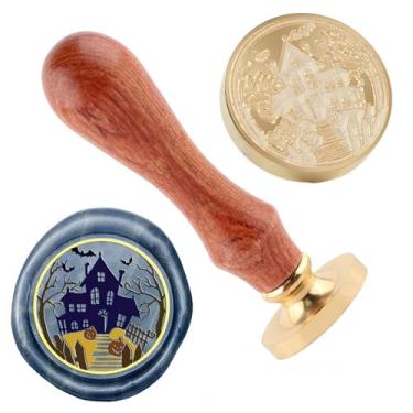 Imagem de Carimbo de lacre de cera de castelo Carimbo de selo de cera de Halloween cabeças de latão removíveis para decoração de festa de Halloween convites carta envelope cartões de felicitações presentes