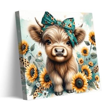Imagem de Linda arte de parede em tela de vaca highland amável girassol bebê bezerro imagem rústica fazenda vida selvagem pôster impressão pintura para quarto, banheiro, quarto de bebê, decoração de casa