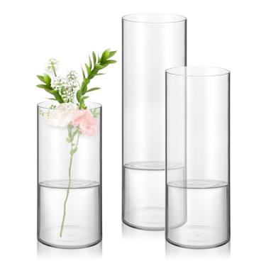 Imagem de Conjunto de 3 vasos de flores de cilindro acrílico, vasos de plástico furacão inquebráveis, vasos de diferentes tamanhos para sala de estar, mesa, centro de mesa de casamento decoração de buquê de