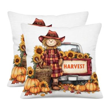 Imagem de Pacote com 2 capas de almofada de espantalho "colheita" dupla face 45,72 cm x 45,72 cm com xadrez laranja e vermelho, caminhão de fazenda vintage, abóboras de outono e girassóis decorativas para