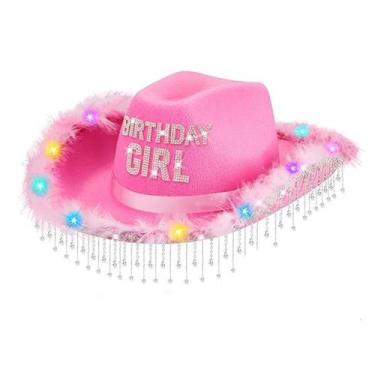 Imagem de Chapéu de cowboy rosa para aniversariante com luzes LED em PVC 58 cm -