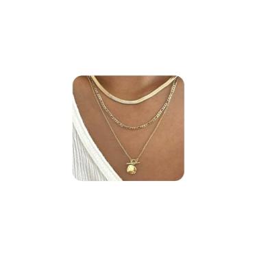 Imagem de Colares femininos com fivela OT dourada em camadas, corrente punk empilhada fígaro com pingente de moeda e disco, acessórios de joias modernos, presentes, Large, Liga de aço, Sem Pedra Preciosa