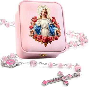 Imagem de PLONKLY Colar de terço feminino – contas de olho de gato com medalha da Virgem Maria e caixa de presente de couro PU, rosário de medalha milagrosa católica, 21 Inches long, Zinco, Sem Pedra Preciosa