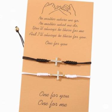 Imagem de Chiorgone Pulseiras cruzadas para casais (conjunto de 2), pulseiras de compromisso de amizade combinando, joias de corda ajustável com cartão de mensagem para ele e ela