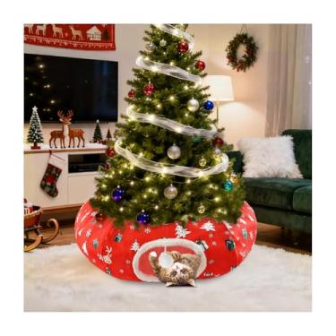 Imagem de Uoiispet Cama de túnel para gatos sob a saia de árvore de Natal, túnel de brinquedo vermelho para gatos de 91 cm, com bola de brinquedo, árvore de Natal, decorativa, gatos, donut, túnel dobrável para
