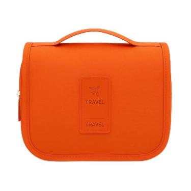 Imagem de Nécessaire Organizadora de Viagem com Gancho – Bolsa Dobrável Impermeável com Divisórias para Higiene Pessoal, Maquiagem, Cosméticos – Unissex Compacta (LARANJA)