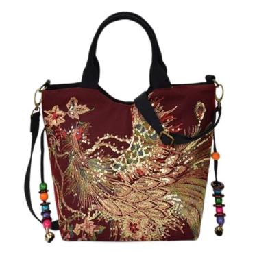 Imagem de Bolsa de ombro canvas com bordado pavão para mulheres lantejoulas brilhantes alças ajustáveis transversal tote bag moda vintage versátil leve fechamento zipper capacidade espaçosa