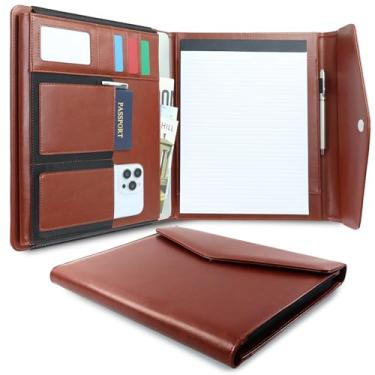 Imagem de Pasta profissional de couro vegano com fecho magnético, organizador de fichário de portfólio tamanho carta A4 com prancheta, portfólio de negócios elegante para mulheres e homens (marrom)