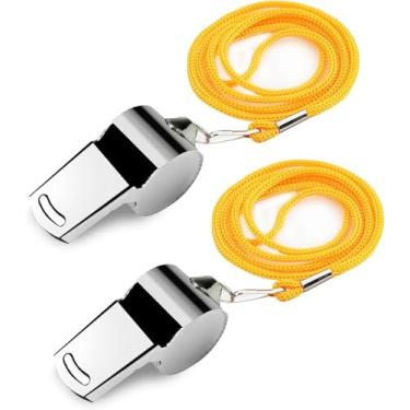 Imagem de ZhangyiHot Apito de aço inoxidável amarelo com cordão, apito esportivo de emergência de metal alto para árbitros, professores, crianças, treinadores e árbitros