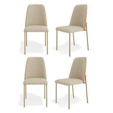 Imagem de Kit 04 Cadeiras Sala De Jantar Lior Estofada Base Dourada Linho Bege Couríssimo Whisky - Abmaza