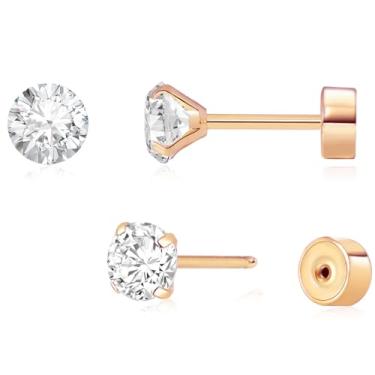 Imagem de Brincos de costas planas sem fio, hipoalergênicos banhados a ouro real 14K CZ | Brinco de cartilagem | Joias Tragus Helix Piercing | Brincos de pressão plana para mulheres e homens, 8 Millimeters