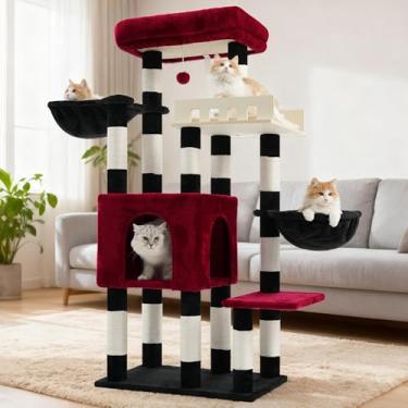 Imagem de Gitelsnour Árvore de gato para gatos grandes e adultos, árvore resistente para gatos grandes, condomínio para gatos com grande poleiro de madeira, torre para gatos com 14 postes para arranhar, rede
