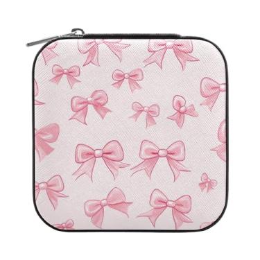Imagem de SEHANY Caixa de joias personalizada com laço rosa para mulheres, meninas, mini estojo de joias de couro PU, organizador de joias de viagem, caixa de joias para brincos, anéis, colares, presentes para