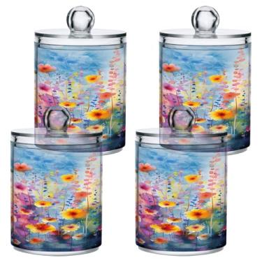 Imagem de ATTX Dispensador de suporte Qtip de pintura colorida em aquarela para bola de algodão, cotonete, frasco de boticário transparente, decoração de casa, pote de armazenamento de cozinha, pacote com 4
