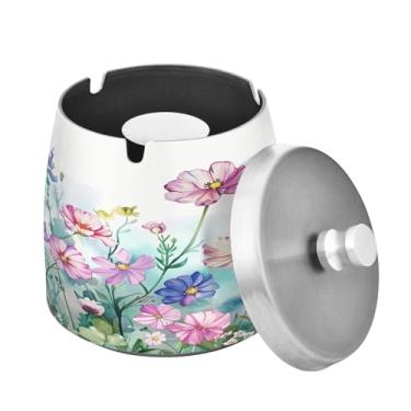 Imagem de Blueangle Cinzeiro de jardim de verão em aquarela com tampa para cigarros, à prova de vento/chuva, aço inoxidável, sem fumaça, inodoro, cinzeiro para uso interno ou externo (333)