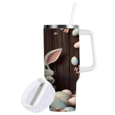 Imagem de Blueangle Copo de coelho fofo de Páscoa de 850 g com alça e tampa de palha, copo isolado reutilizável de aço inoxidável garrafa de água caneca de viagem (123)