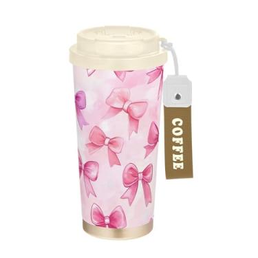 Imagem de SEHANY Linda caneca de viagem rosa com laço de bolinhas 482 g Copos de café reutilizáveis revestidos de cerâmica com tampa à prova de vazamento, parede dupla, isolamento a vácuo, copo de café de aço