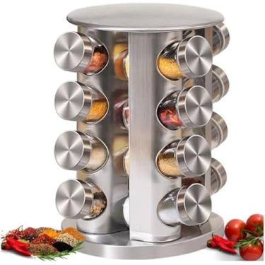 Imagem de Porta Temperos Giratório em Aço Inoxidável, 16 Potes de Vidro com Tampa, Organizador de Especiarias Rotativo