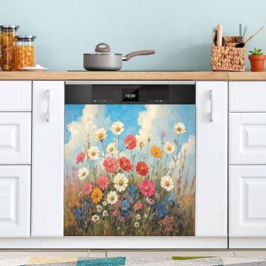 Imagem de ATTX Flores silvestres pintura a óleo capa ímã máquina de lavar louça, 58.4 cm C x 66.0 cm A decoração frontal da capa da máquina de lavar louça, decalques de armário doméstico eletrodomésticos