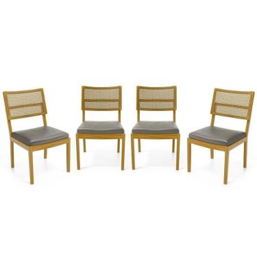 Imagem de Kit Com 4 Cadeiras Milena Madeira Maciça Assentos Estofados Encostos De Tela Palha Sextavada Veludo Chumbo 109