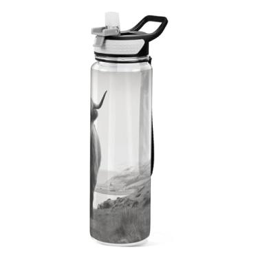 Imagem de ATTX Garrafa de água Highland Cow, 946 ml, à prova de vazamento e livre de BPA, garrafas de água reutilizáveis de plástico Tritan para viagens, academia, corrida, fitness #132