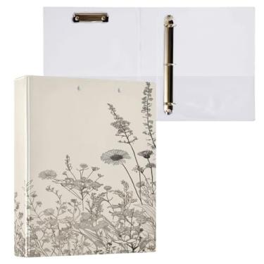 Imagem de ATTX Fichário com 3 anéis de flores pretas e brancas, 3 cm para papel tamanho carta, 21,6 cm x 28 cm, fichários com três anéis com prancheta para material de escritório #485