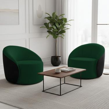 Imagem de Poltrona Sala Orgânica Kit 2 Lua Fixa Sintético Pu Preto/bouclê Verde D03 - D'rossi