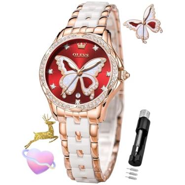 Imagem de OLEVS Relógio feminino ouro rosa diamante elegante relógio de pulso feminino aço inoxidável cerâmica pulseira de dois tons à prova d'água luminoso