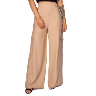 Imagem de Calça Pantalona Feminina The Style Box com Bolso Cargo Bege-Feminino