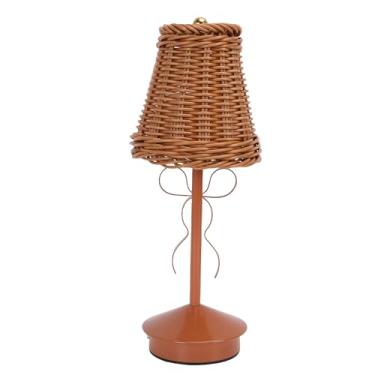 Imagem de Diydeg Abajur de mesa de cabeceira vintage em rattan, sem fio, recarregável, pequeno, com laço, 3 níveis de intensidade, para mesa de cabeceira, sala de estar, quarto infantil. (BROWN)