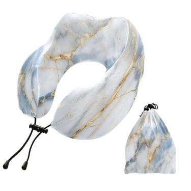 Imagem de CEBUGI Travesseiros de viagem portáteis em forma de U, travesseiro de pescoço de espuma viscoelástica com trava de corda ajustável para avião, viagem, trem, negócios, escritório, soneca (fundo de