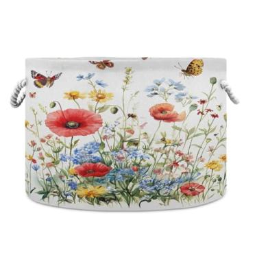 Imagem de WELLDAY Cesta de corda de algodão primavera flores silvestres cesta de lavanderia para bebê para sala de estar, lavanderia, berçário, travesseiros, decoração de casa