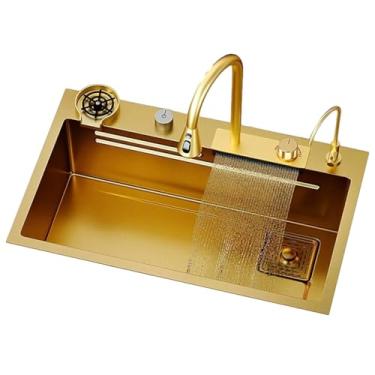 Imagem de PVXMQFFA Pia de cozinha de aço inoxidável, nano, cascata doméstica, tigela única, pia de cozinha, bacia embaixo da bancada com enxaguador de vidro