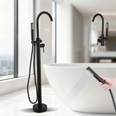 Imagem de Torneira de banheira independente - Torneira de banheira autônoma com bico giratório pescoço de ganso e cilindro portátil para banheiras de banheiro, preto fosco