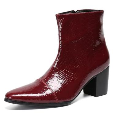 Imagem de Santimon Botas masculinas casuais de couro envernizado Chelsea botas sociais com zíper na lateral cano médio para homens, Borgonha vermelha, 44