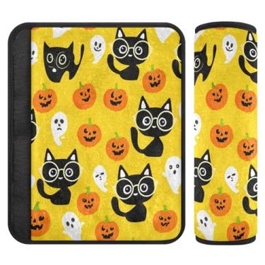 Imagem de Burbuja Capa de cinto de segurança de carro Cats Halloween Pumpkins Almofadas macias confortáveis para cinto de segurança de carro para alça de ombro de assento, 1 par médio