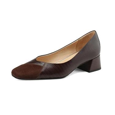 Imagem de TinaCus Sapato feminino com bico quadrado, couro legítimo, feito à mão, design de costura e salto baixo, Marrom, 40
